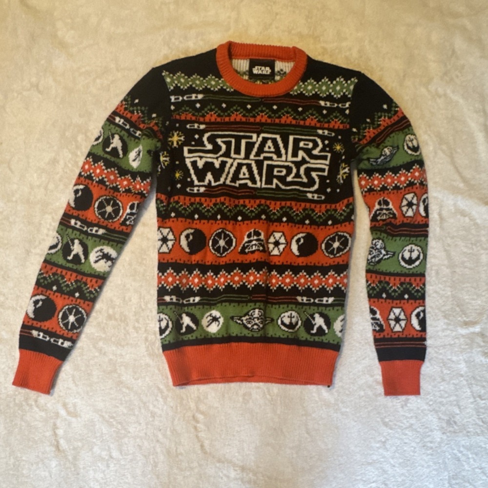 Star Wars Darth Vader Christmas Holiday Pullover Sweater Black Orange Green S